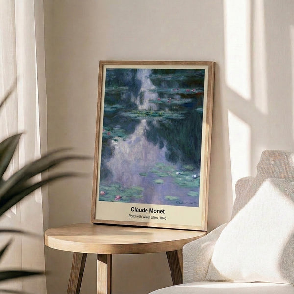 Luminous water lily scene in impressionist style featuring gentle blues and greens creating a tranquil, meditative mood on the wall.