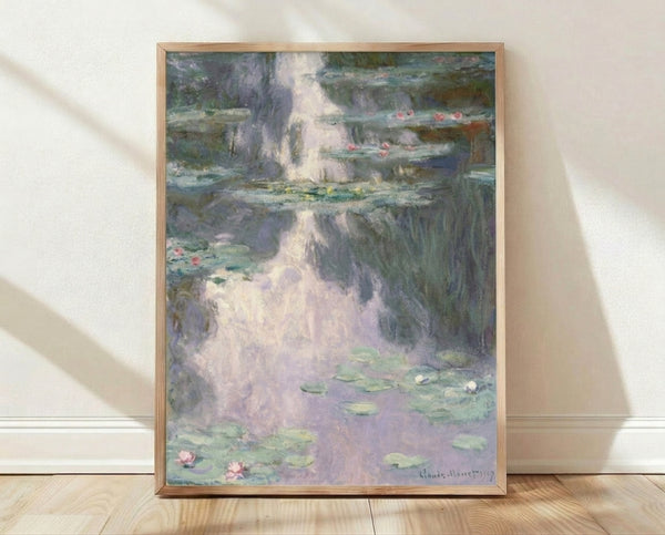 Impressionist pond scene with floating water lilies and reflective blue-green water, framed poster art print for gallery wall décor.