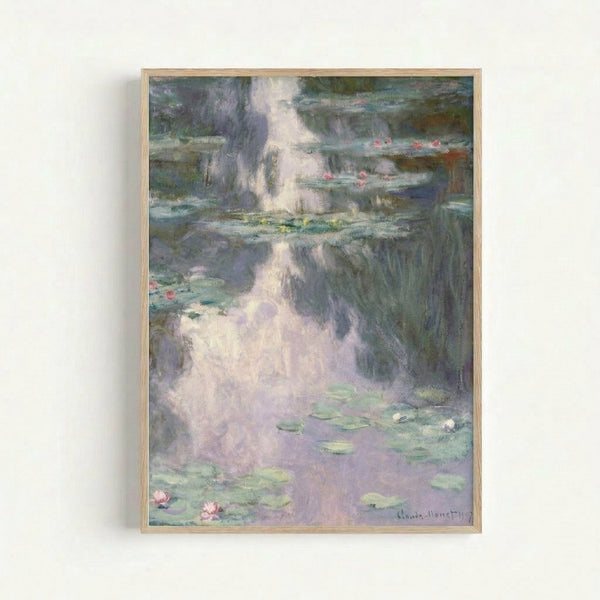 Serene garden pond painting featuring delicate water lilies in soft pastels, tranquil impressionist style wall art.