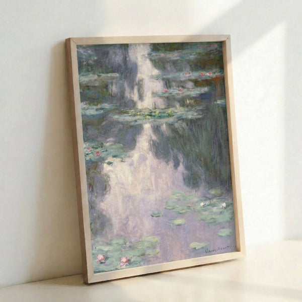 Monet-inspired water lily composition with luminous blues and greens, peaceful impressionist botanical poster for home décor.