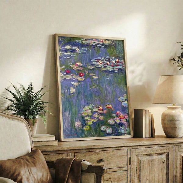 Soft, dreamy water garden scene showcasing floating lilies in cool aquatic tones, impressionist poster art.