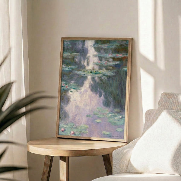 Tranquil impressionist pond with delicate water lily flowers and rippling water surface, calming nature wall art print.