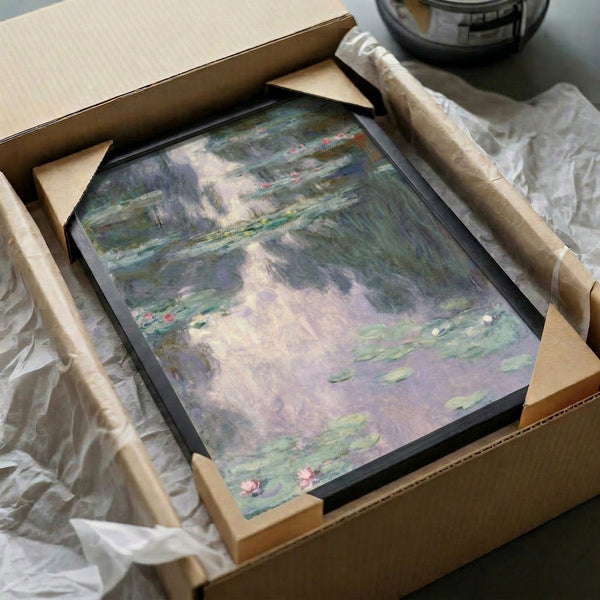 Impressionist masterpiece depicting a serene lily pond with lush aquatic vegetation in cool blue and green hues, framed poster.