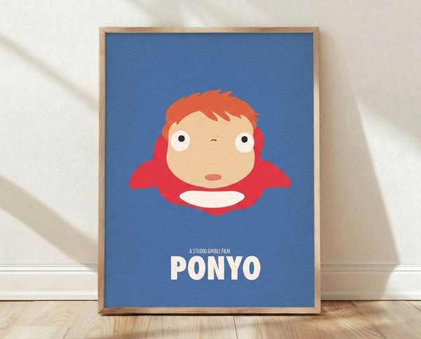 Minimalist portrait of red-haired Ponyo with large curious eyes against a periwinkle blue background, framed poster in cream and coral tones.