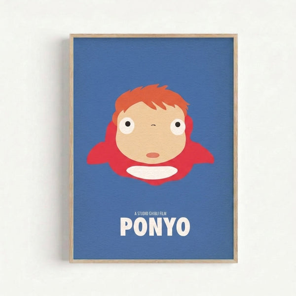 Whimsical Studio Ghibli character art featuring a smiling child with coral-red hair on a soft blue backdrop, modern minimalist style wall print.