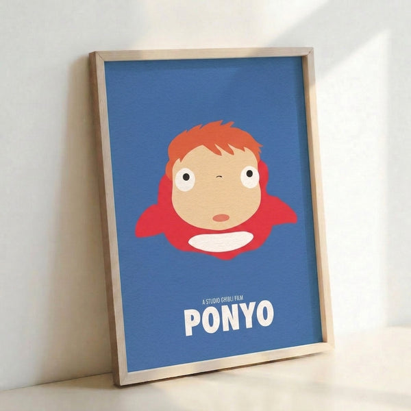 Joyful anime-inspired portrait of Ponyo rendered in minimalist design with periwinkle, cream, and coral color palette, displayed as framed wall art.