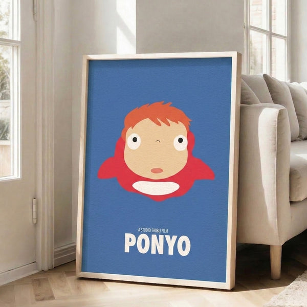 Cheerful minimalist Ghibli poster showcasing a red-haired character with expressive eyes in soothing blue and warm coral hues.
