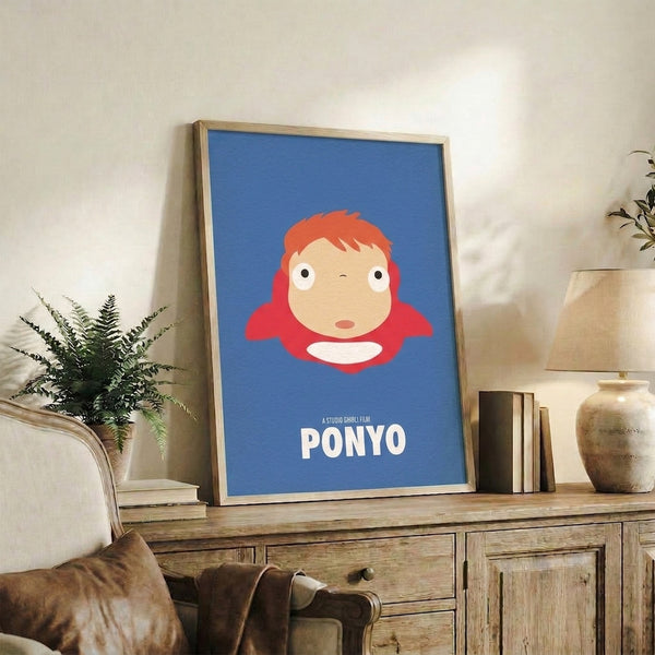 Modern minimalist artwork of the beloved Ponyo character with vibrant coral hair and dreamy periwinkle setting, framed as contemporary wall decor.