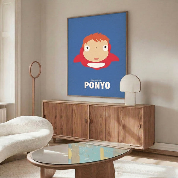 Minimalist character study of Ponyo in coral and blue tones, whimsical anime art displayed as an elegant framed print.