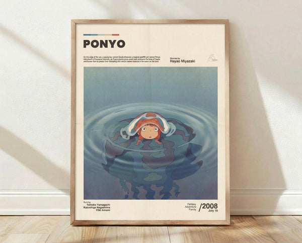 Whimsical retro poster featuring a young girl and golden goldfish surrounded by ocean creatures and jellyfish in soft teal, coral, and cream tones, framed on a wall.
