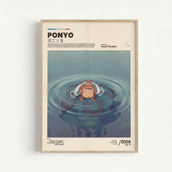 Serene Studio Ghibli-inspired art print depicting a magical underwater scene with a girl, goldfish companion, and jellyfish in dusty blue and pale green hues.