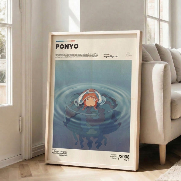 Enchanting animated-style wall art featuring a girl surrounded by sea creatures including a goldfish and jellyfish in calming dusty blue and cream tones.