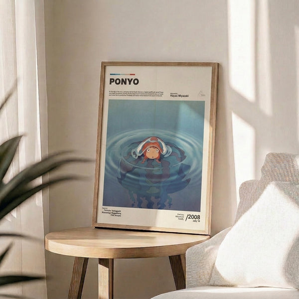 Dreamy retro movie poster with a magical underwater world, girl character, and goldfish companion rendered in soft coral red, teal, and pale green.