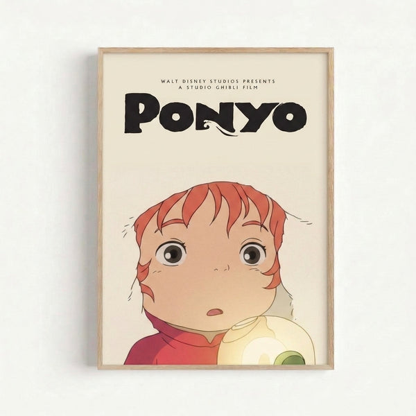 Charming anime art print of Ponyo set in pale yellow and cream hues, capturing the character's enchanted nature with delicate brushwork typical of Studio Ghibli's distinctive style.