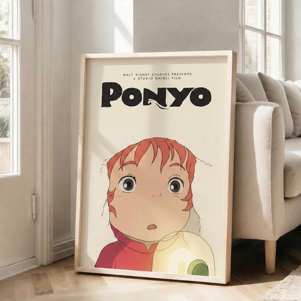 Studio Ghibli wall art showcasing Ponyo's curious gaze, rendered in a dreamy palette of cream, pale yellow, and coral-red tones characteristic of the studio's magical aesthetic.