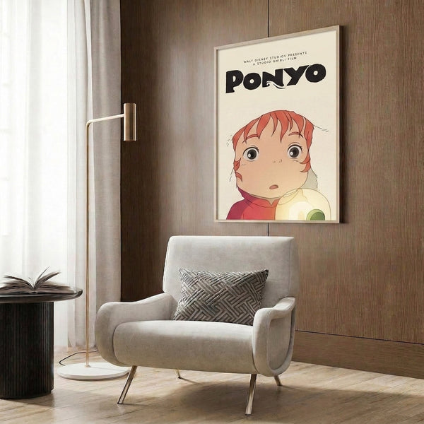 Enchanting Ponyo poster in Ghibli anime style, featuring the character amid soft peach, cream, and moss green hues that evoke wonder and charm on a framed print.