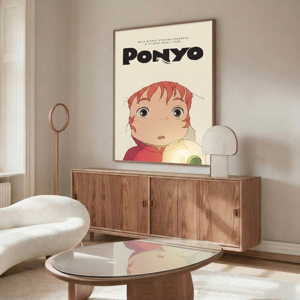 Whimsical framed poster of Ponyo from Studio Ghibli, illustrated in delicate coral-red, pale yellow, and cream tones that capture the character's magical and curious spirit.