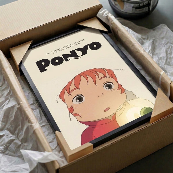 Charming anime wall art print of Ponyo in Studio Ghibli's signature style, with soft peach, moss green, and cream coloring that conveys a sense of enchantment and wonder.