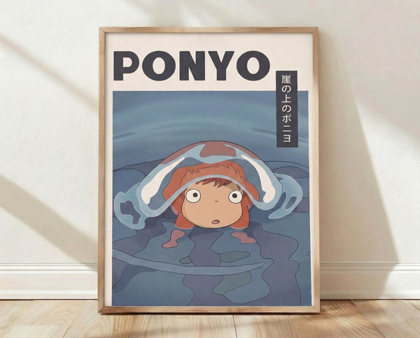 Whimsical anime poster featuring a young girl surrounded by swirling ocean waters and fish in shades of teal blue, coral red, and cream, evoking a magical underwater adventure.