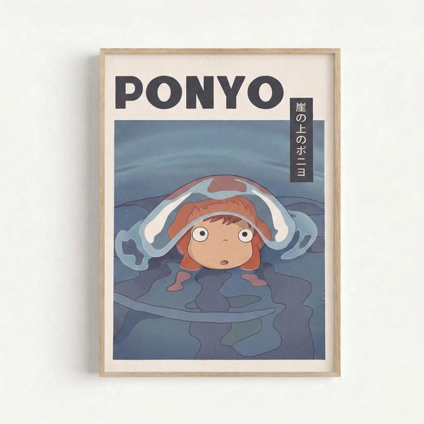 Studio Ghibli-inspired framed art print depicting a curious girl immersed in flowing waves with slate gray and teal blue tones, capturing an enchanted oceanic moment.