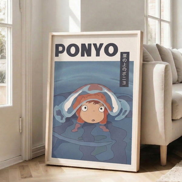 Framed anime artwork featuring a young character in a serene ocean setting with swirling waters in cool blues and warm coral tones, creating a dreamlike atmosphere.