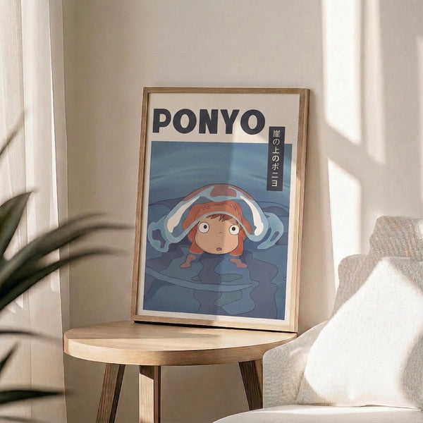 Whimsical wall art print of a girl surrounded by flowing water and aquatic elements in a palette of teal, slate gray, and coral red, inspired by Japanese animation.