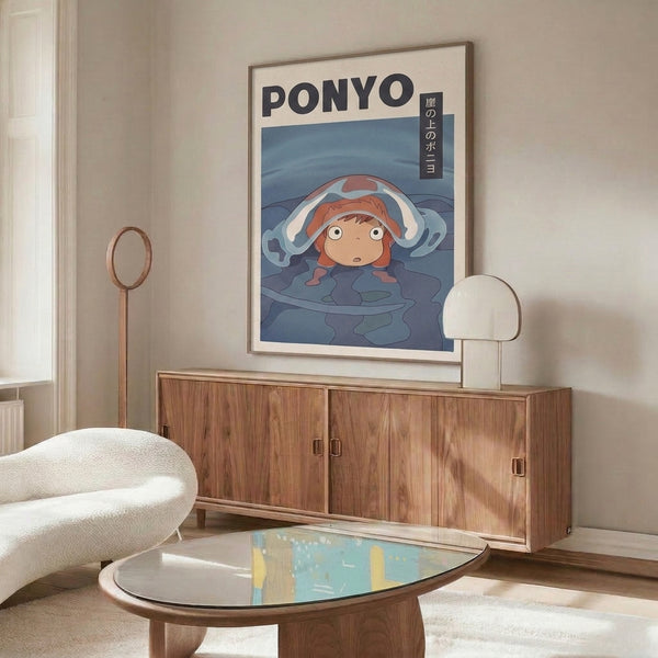 Studio Ghibli-style framed print depicting an underwater adventure with a girl character surrounded by waves in shades of teal, slate gray, and coral.