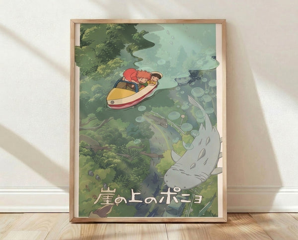 Whimsical Studio Ghibli-inspired poster featuring a girl and boy on a small boat surrounded by a magical fish character and lush forest scenery in soft forest green, seafoam blue, and coral tones.