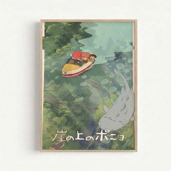 Serene anime art print depicting an underwater adventure with children in a boat, vibrant aquatic life, and enchanted woodland in muted MidCentury palette of greens, blues, and golden accents.