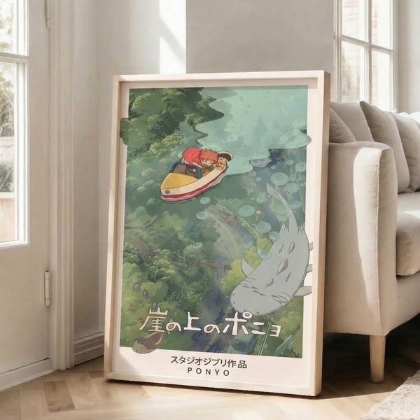 Adventurous Japandi-style wall art featuring children on a whimsical boat journey through forest and water, populated with magical sea creatures in warm cream, golden yellow, and soft blue tones.