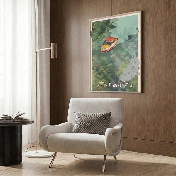 Studio Ghibli-inspired framed print capturing a dreamy boat ride with children, enchanted fish, and lush natural surroundings rendered in soothing greens, corals, and seafoam blues.