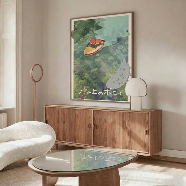 Serene poster art displaying a magical oceanic adventure with young explorers, mystical aquatic life, and verdant forest elements in soft, harmonious MidCentury palette.