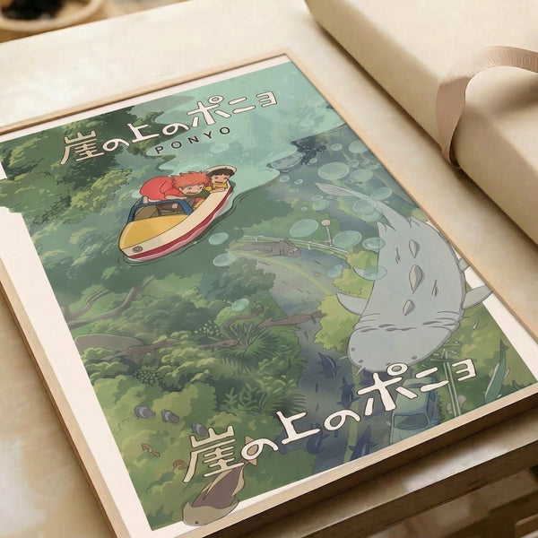 Whimsical Japandi wall art depicting children embarking on an enchanted boat journey surrounded by fantastical fish and forest scenery in cream, forest green, and coral hues.