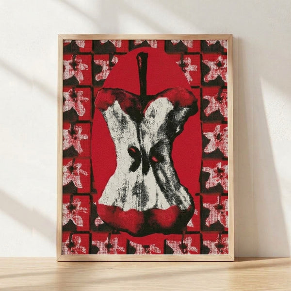 Bold red apple core rendered in Warhol-style pop art with high-contrast black and cream tones, creating a graphic and edgy modern aesthetic.