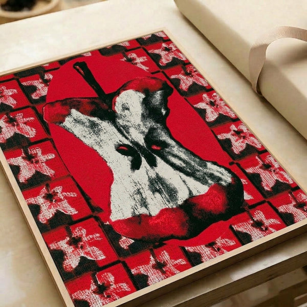 Pop art poster displaying a graphic red apple core with bold contrasts in black, white, and cream, capturing a retro-modern artistic vision.
