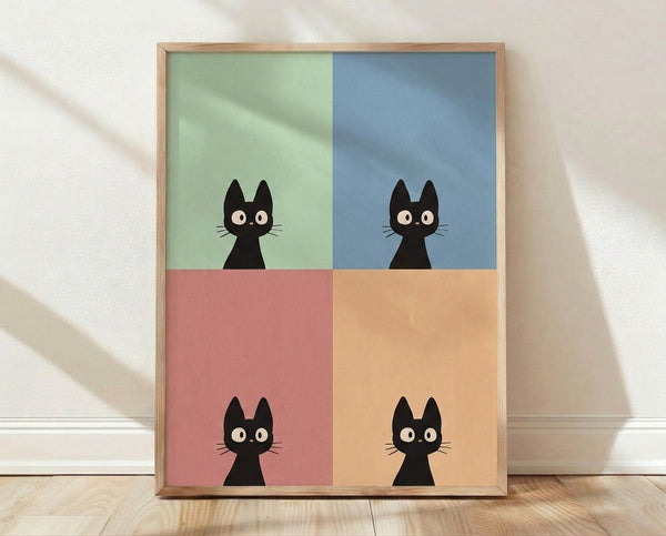 Framed pop art print featuring a black cat in four playful panels with sage green, slate blue, dusty rose, and peach backgrounds in a modern minimalist style.
