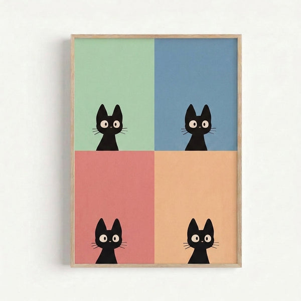 Minimalist four-panel cat artwork with a black feline rendered in bold pop art colors including soft greens, blues, and warm peachy tones on a cream wall.