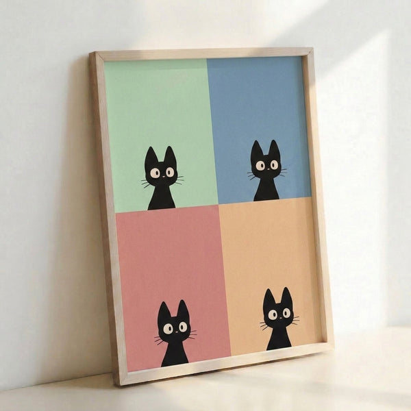 Quirky pop art black cat poster divided into four grid sections, each with cheerful sage, slate, rose, and peach colored backgrounds in a contemporary style.