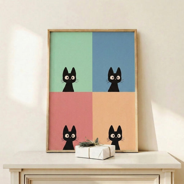 Modern pop art wall print displaying a playful black cat across four panels with a palette of muted sage green, dusty blue, rose, and peachy cream hues.