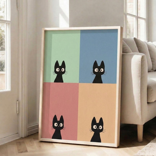 Four-panel minimalist cat print in pop art style with a black cat set against alternating soft sage, slate, dusty rose, and peach colored backgrounds.