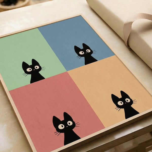 Contemporary pop art black cat print divided into four colorful panels with muted sage, blue, rose, and peach backgrounds in a minimalist aesthetic.