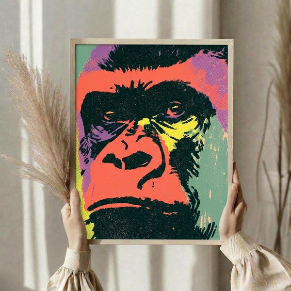 Edgy contemporary gorilla portrait combining experimental pop art techniques with coral, forest green, and electric yellow accents in a frame.