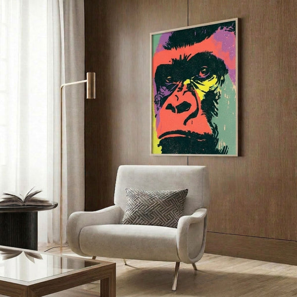 Vibrant pop art gorilla head study featuring bold black outlines and a dynamic mix of orange, purple, and yellow tones as a framed art print.
