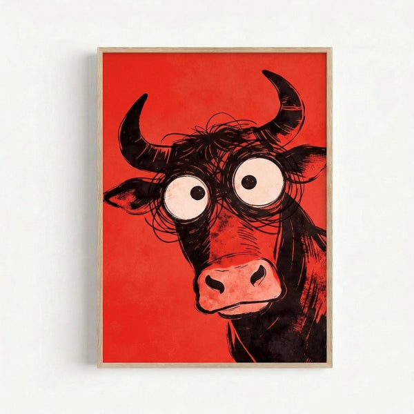 Whimsical line art print featuring a playful bull with prominent horns and wide eyes rendered in vibrant red and black on white background.