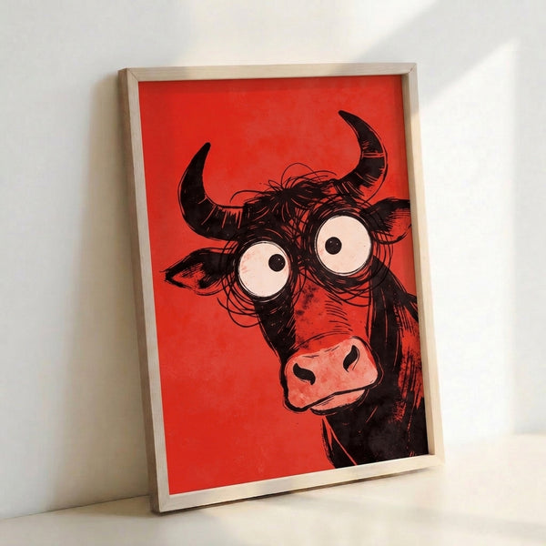 Modern pop art framed poster depicting a funky bull character with bold graphic lines and striking red, black, and cream color palette.