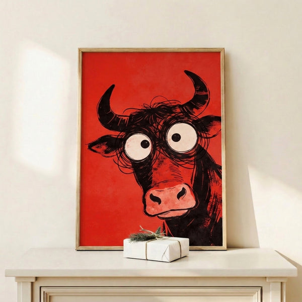 Playful bull art print with exaggerated features and contemporary pop art style in red, black, white, and cream hanging as wall décor.