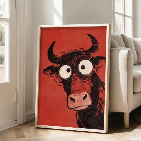 Contemporary bull portrait poster in pop art style showcasing expressive eyes and horns with bold line work in red, black, and neutral tones.