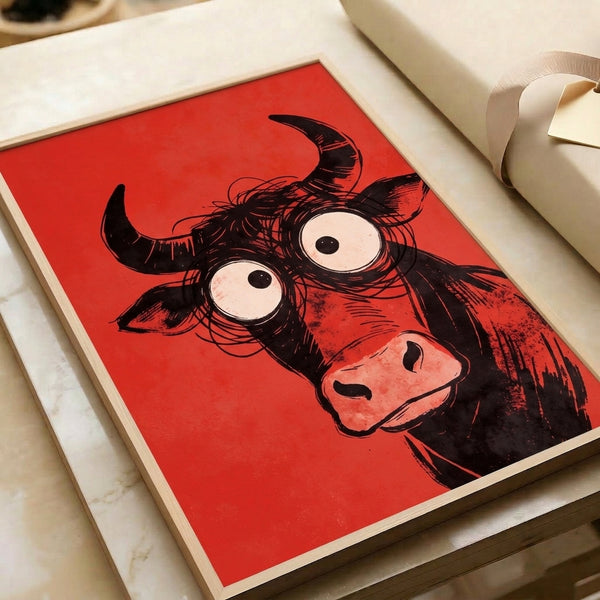 Modern poster art of a wide-eyed bull rendered in playful pop art style with bold black lines and striking red and cream coloring.
