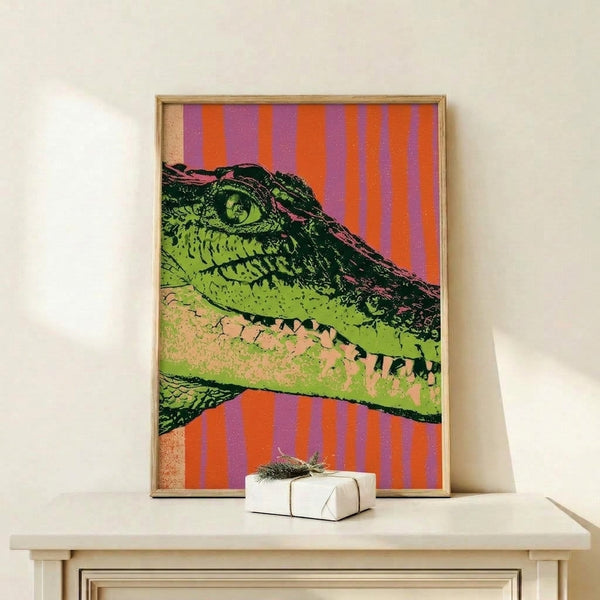 Psychedelic retro crocodile art print with striking geometric stripes in neon green, tangerine, and purple tones, mounted in a frame.