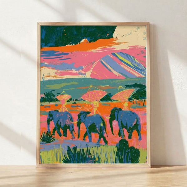 Vibrant pop art poster featuring a surreal elephant in a savanna landscape with a satellite dish, rendered in hot pink, orange, teal, and navy blue against a cream background, framed on a wall.